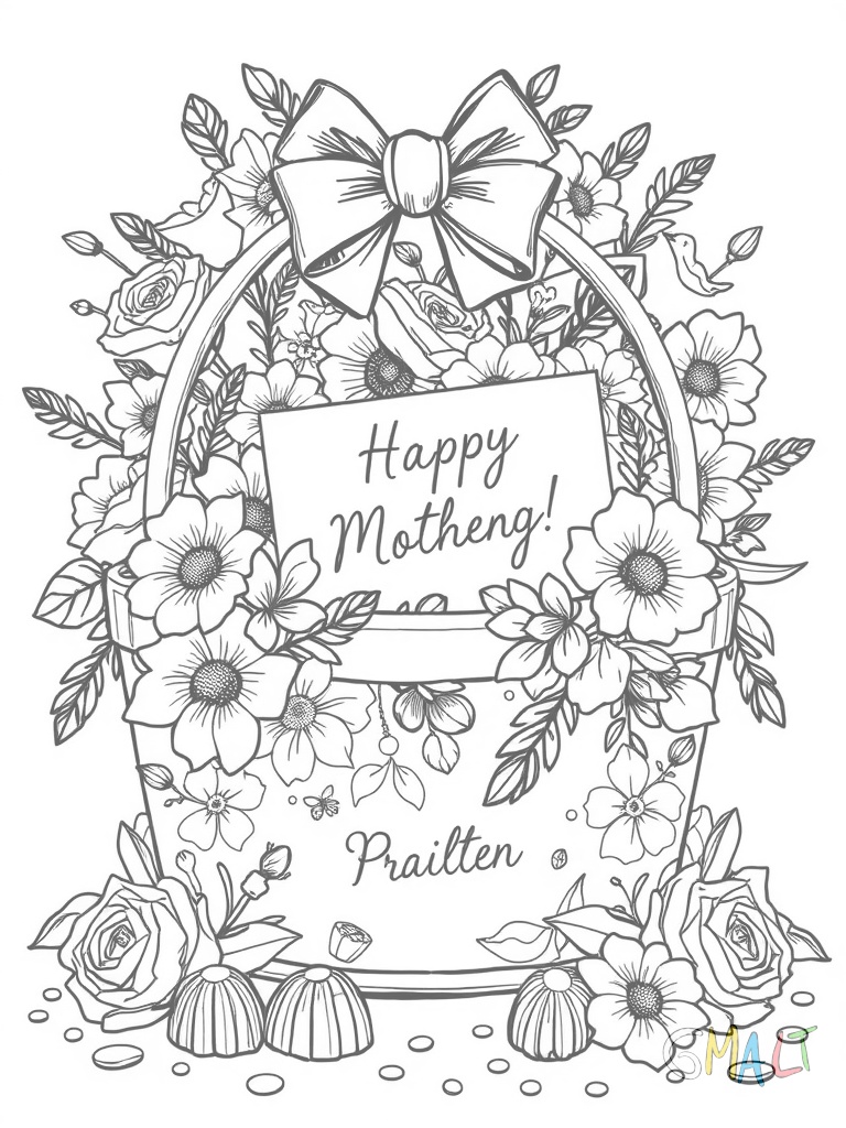 Eine große Geschenktüte verziert mit Herzen und Blumen steht im Vordergrund. Dahinter liegen eine Grußkarte und eine Schachtel Pralinen.