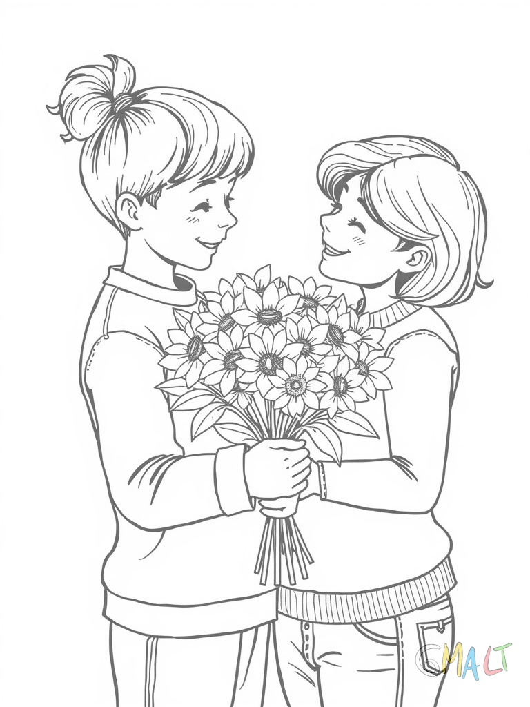 Ein Kind überreicht seiner Mutter einen selbstgebastelten Blumenstrauß aus Papierblumen. Die Mutter kniet sich hinunter und umarmt das Kind herzlich.