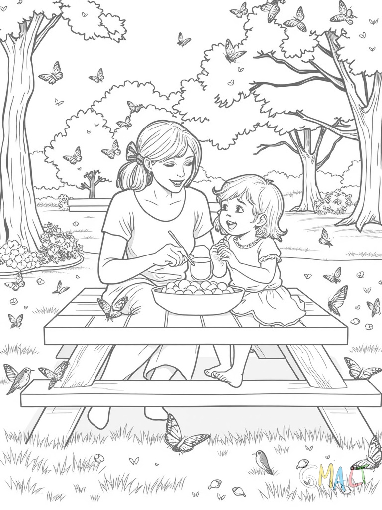 Mutter und Kind sitzen auf einer Picknickdecke im Park. Sie essen gemeinsam Obstsalat während Schmetterlinge um sie herumflattern.