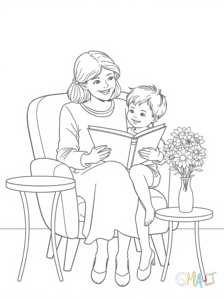 Eine Mutter sitzt lächelnd in einem Schaukelstuhl und liest ihrem Kind ein Buch vor. Das Kind kuschelt sich eng an sie und hört aufmerksam zu. Auf einem kleinen Tisch daneben steht eine Vase mit Blumen.