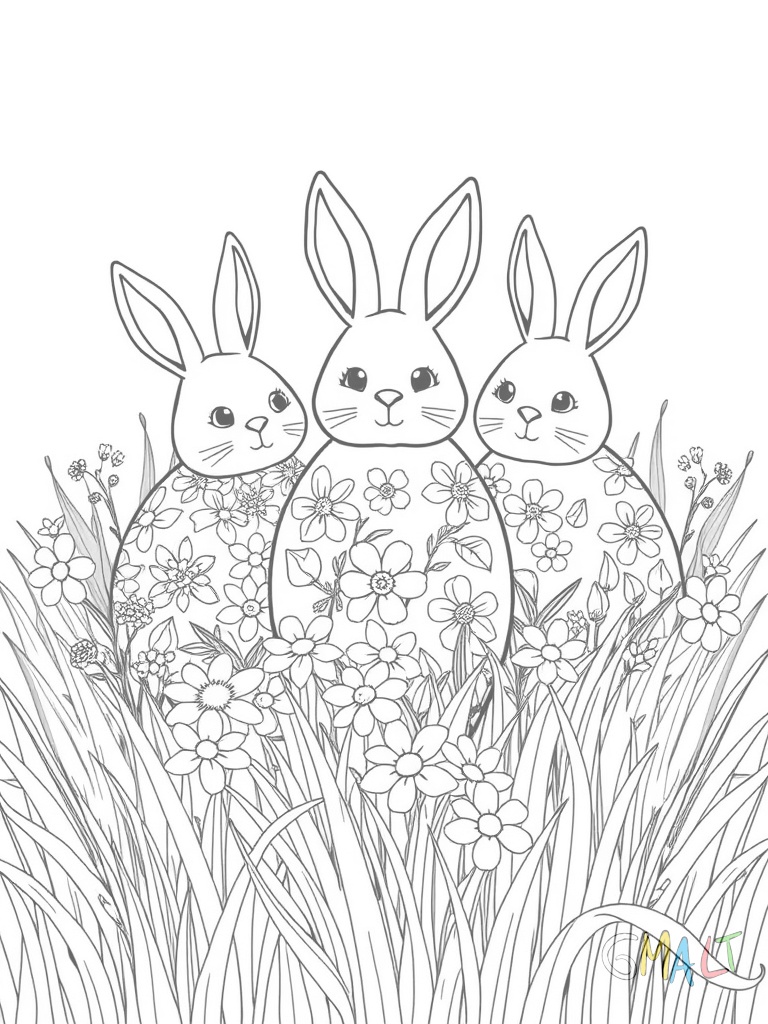 Drei dekorierte Ostereier liegen zwischen frischen Frühlingsblumen und grünen Grashalmen auf einer Wiese