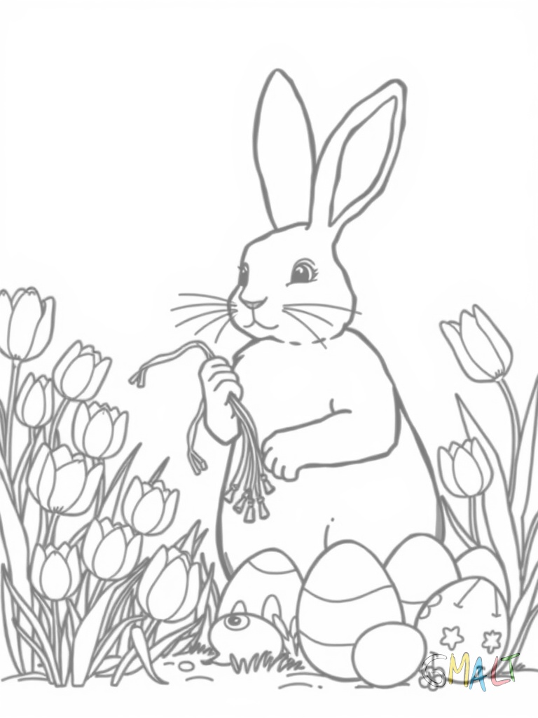 Eine frühlingshafte Osterszene: Ein großer Osterhase steht zwischen blühenden Tulpen und Osterglocken. Er hält einen Pinsel in der Pfote und vor ihm stehen verschiedene Farbtöpfe.