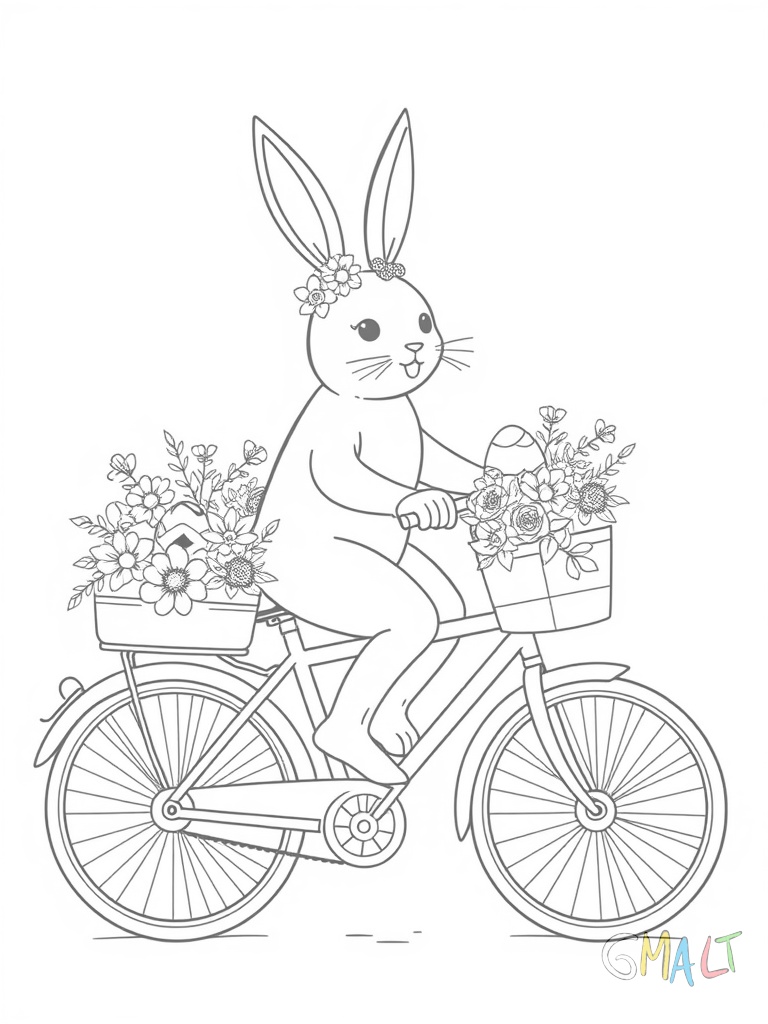 Ein Osterhase fährt auf einem mit Blumen geschmückten Fahrrad. Im Gepäckkorb liegen bunte Ostereier und am Lenker baumelt ein Osterkörbchen.