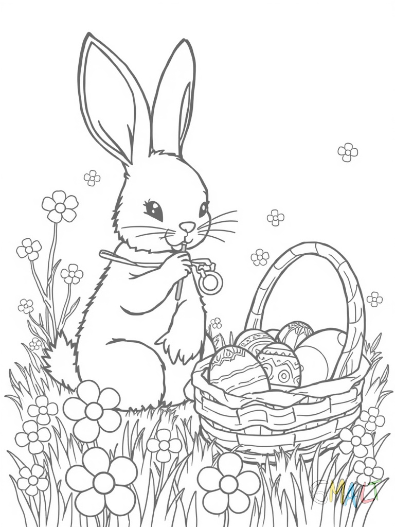 Ein süßer Osterhase sitzt auf einer blühenden Frühlingswiese und malt mit einem Pinsel bunte Muster auf ein großes Osterei. Neben ihm steht ein Korb voller unbunter Eier die noch bemalt werden müssen.