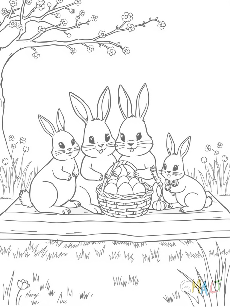 Eine Hasenfamilie beim Osterpicknick auf einer Wiese: Mama Papa und zwei kleine Hasen sitzen auf einer Decke. Sie haben einen Korb mit Möhren und bemalten Ostereiern dabei.