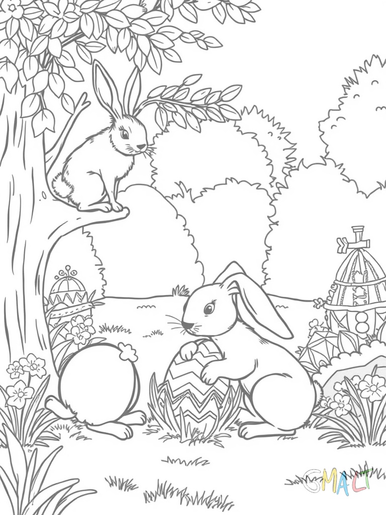 Zwei kleine Osterhasen verstecken gemeinsam bunte Ostereier im Garten. Ein Hase steht auf einer Leiter um ein Ei in einem Baum zu platzieren während der andere Hase ein Ei unter einem Busch versteckt.