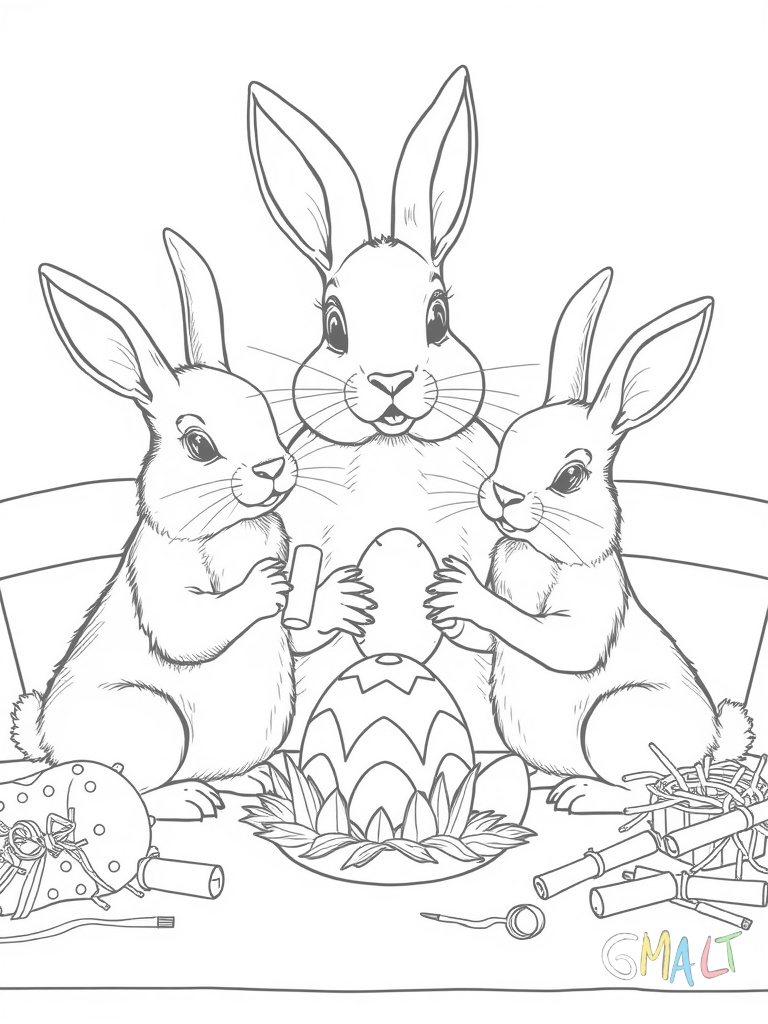 Eine Hasenfamilie bemalt gemeinsam Ostereier. Mama Hase zeigt zwei kleinen Hasen wie man Muster aufmalt. Auf dem Tisch stehen Farbtöpfe und Pinsel.