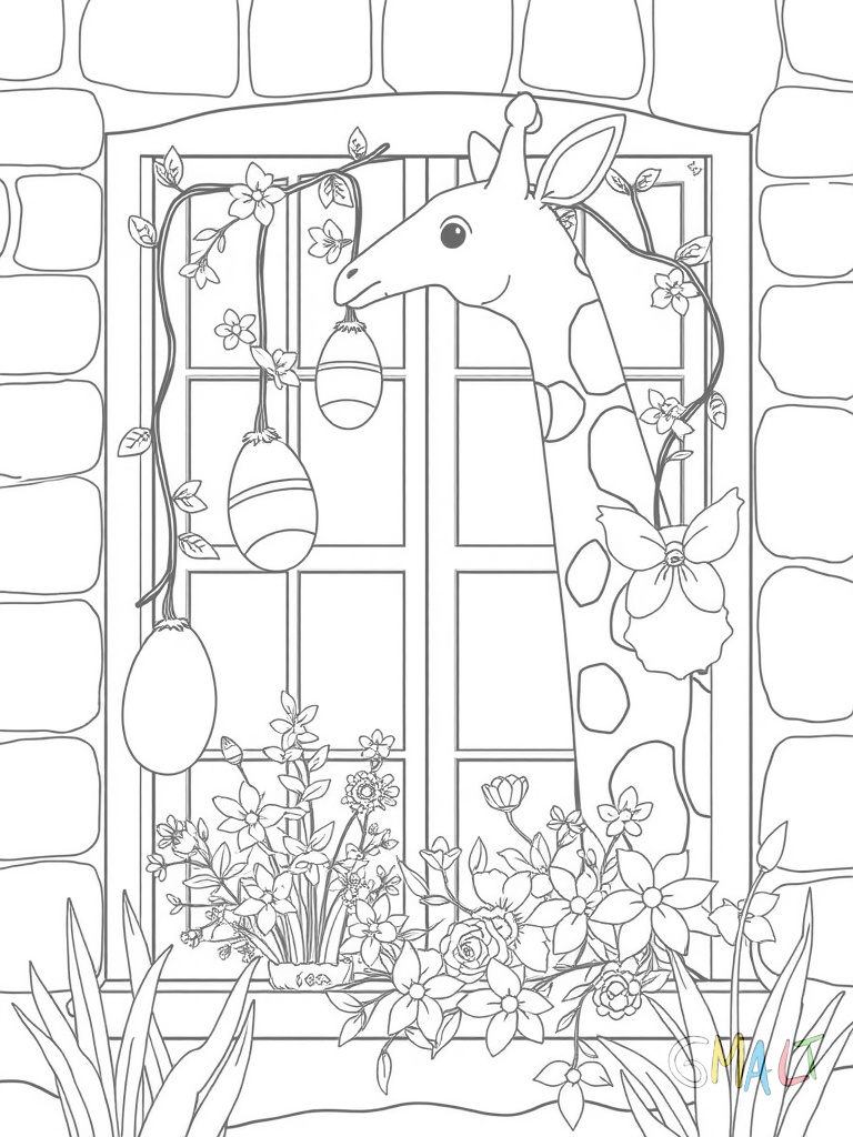 Eine Girlande mit aufgehängten Ostereiern und Frühlingsblumen schmückt ein Fenster