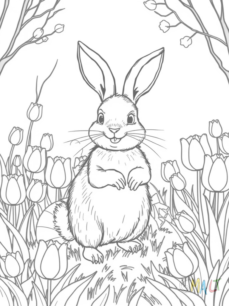 Ein Osterhase mit einer Karotte in der Pfote hoppelt fröhlich durch einen Garten voller Tulpen