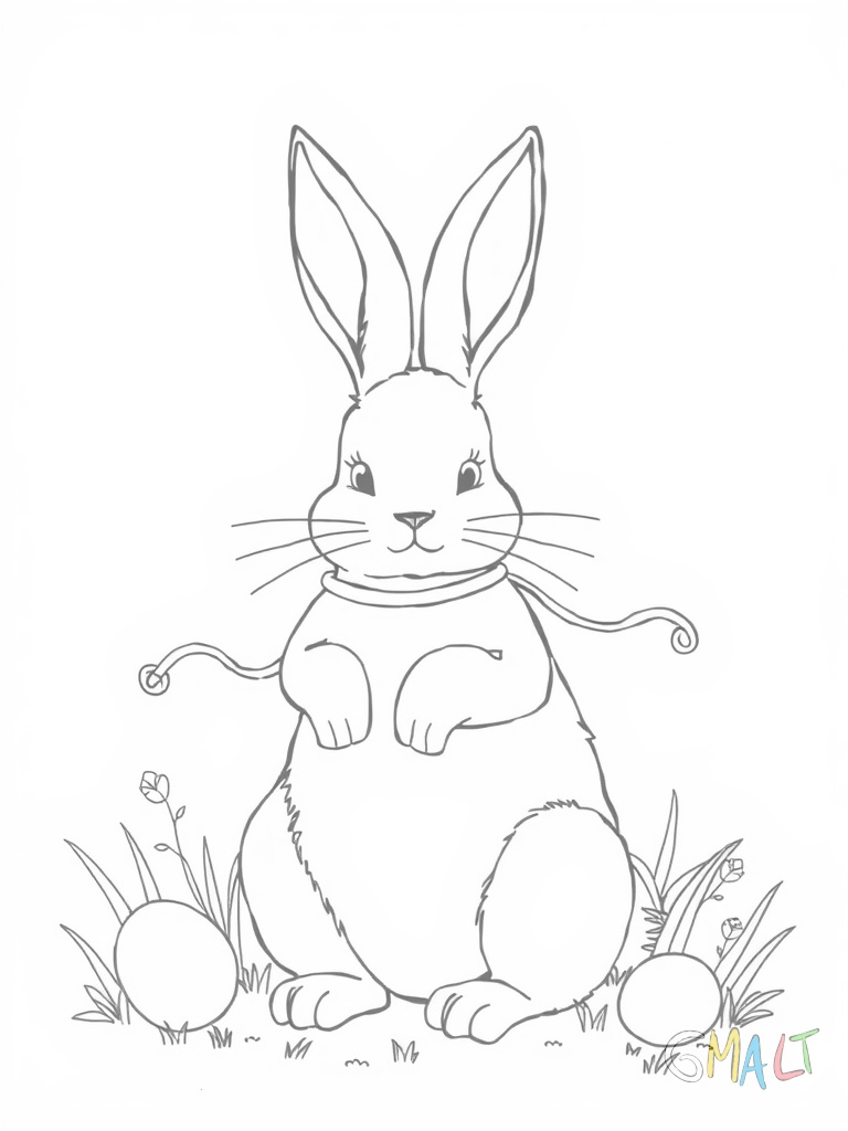 Ein großer flauschiger Osterhase sitzt aufrecht und bemalt mit einem Pinsel ein buntes Osterei das er in seiner Pfote hält