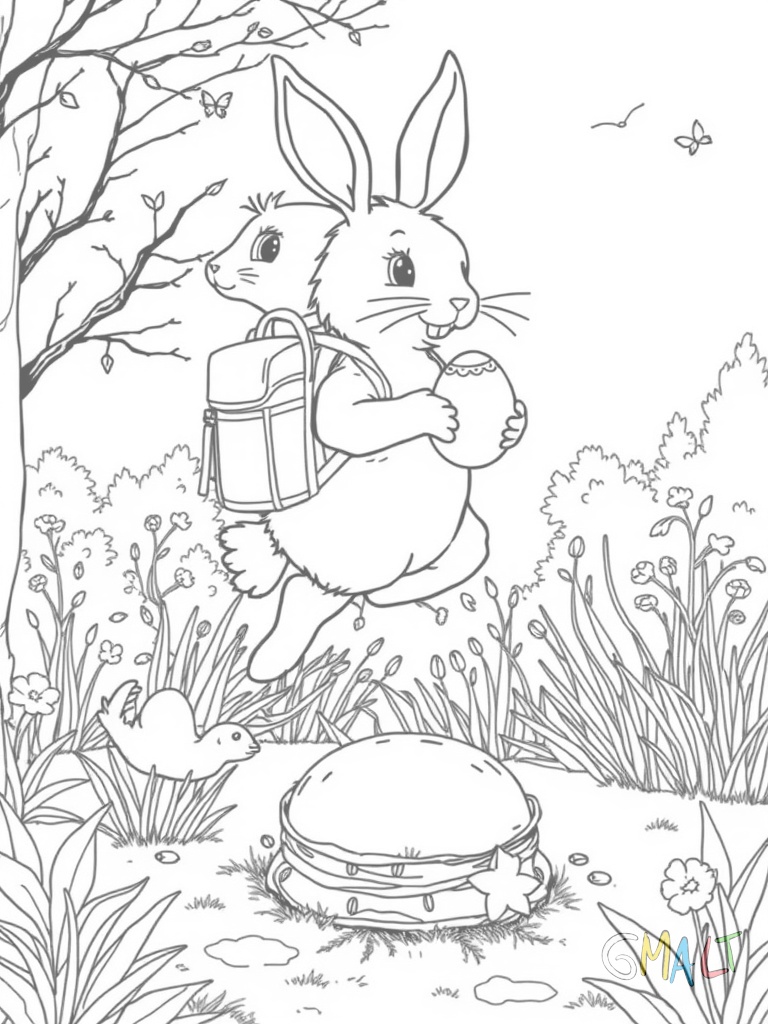 Ein Osterhase mit einem Rucksack voller Eier springt über einen kleinen Zaun im Garten