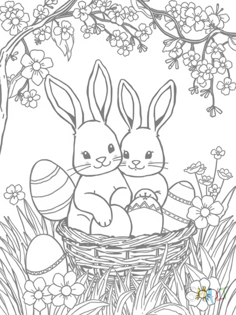Ein Osterhasen-Paar versteckt gemeinsam bunte Ostereier hinter einem blühenden Frühlingsstrauch