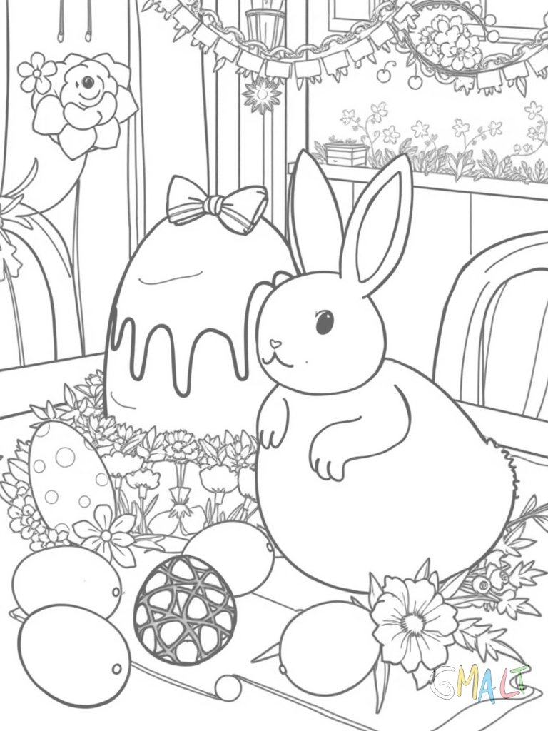 Ein Osterkorb mit einer Schleife steht neben einem großen Schokoladenhasen auf einem Tisch