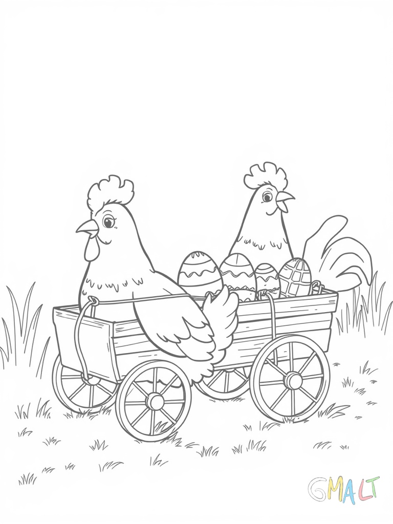 Zwei Küken ziehen gemeinsam einen kleinen Bollerwagen voller bunter Ostereier. Die Küken sind mit einem Band am Wagen angebunden und schauen sich lächelnd an.