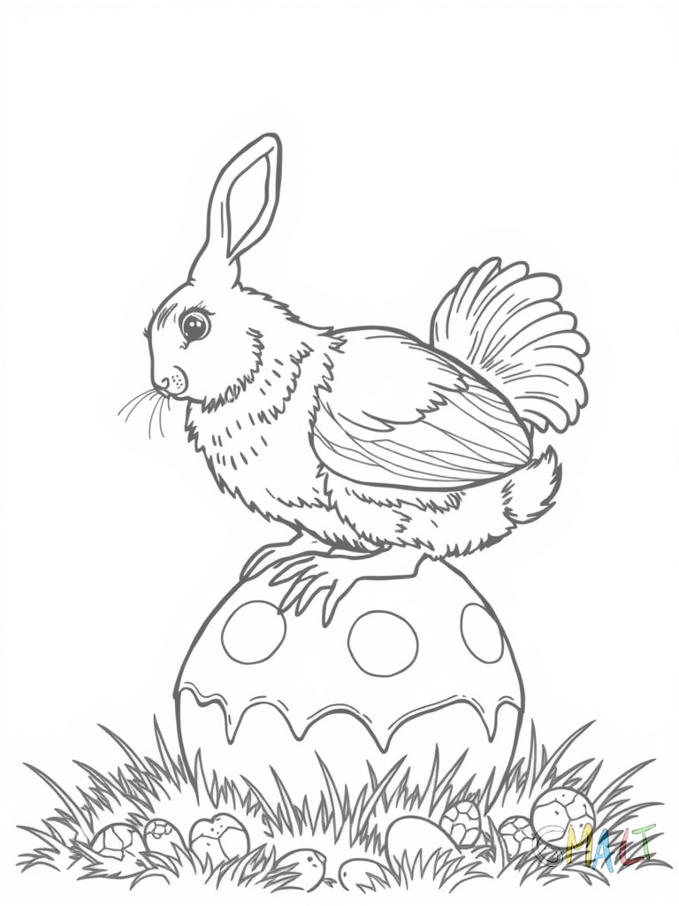 Ein Küken sitzt auf einem großen Schokoladen-Osterhasen und pickt vorsichtig daran. Der Hase ist doppelt so groß wie das Küken und steht aufrecht.