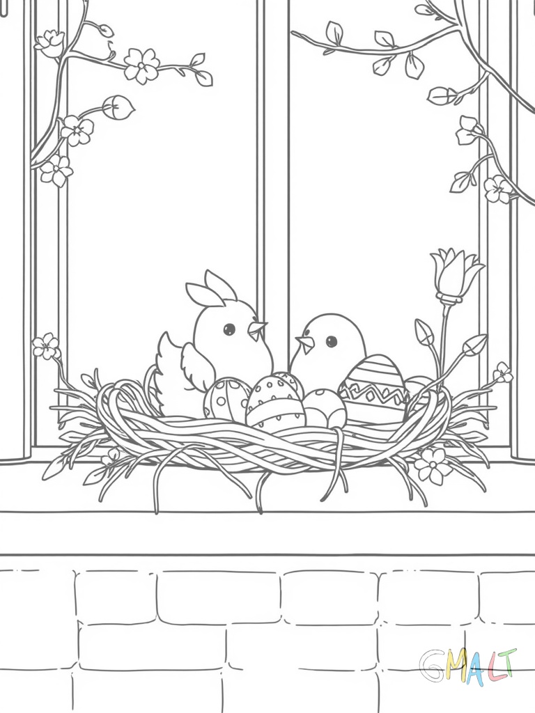 Ein Osternest aus Stroh mit kleinen Küken und verzierten Ostereiern liegt auf einer Fensterbank