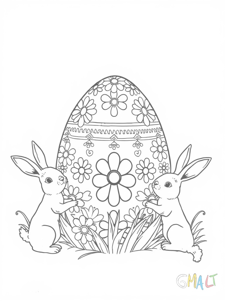 Ein großes geschmücktes Osterei steht aufrecht in der Bildmitte. Es ist mit Zickzack-Linien Punkten und Blumenmustern verziert. Links und rechts hüpfen kleine Hasen um das Ei herum.