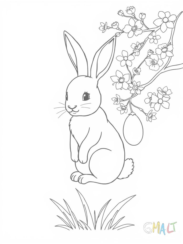 Ein Osterhase steht auf einer Leiter und hängt bemalte Ostereier an die Zweige eines blühenden Frühlingsbaumes.