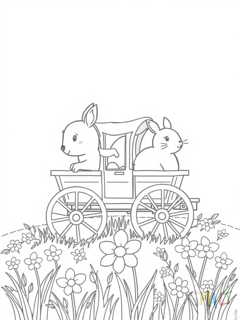 Ein Osterei liegt in einem kleinen Wagen. Ein Häschen zieht den Wagen an einer Schnur über eine blühende Frühlingswiese.