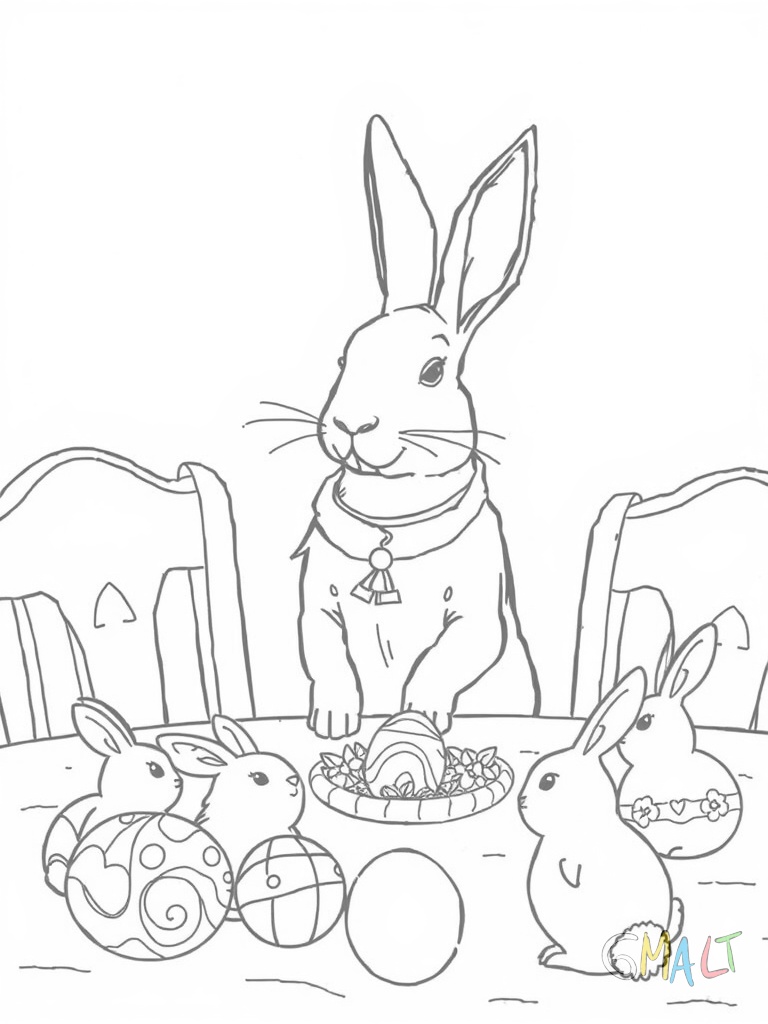 Ein Osterhase trägt eine Schürze und steht an einem Tisch. Auf dem Tisch liegen verschiedene Ostereier die er gerade bemalt.