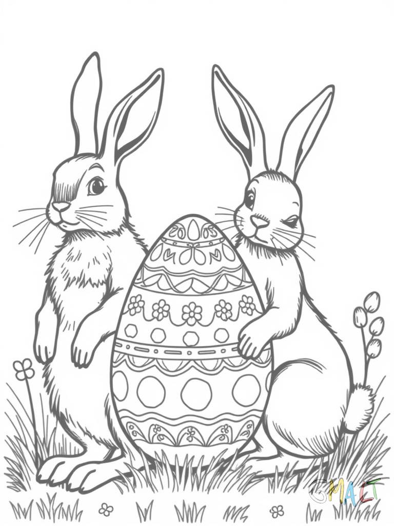 Zwei Osterhasen tragen gemeinsam ein riesiges verziertes Ei. Der eine Hase vorne der andere hinten am Ei.