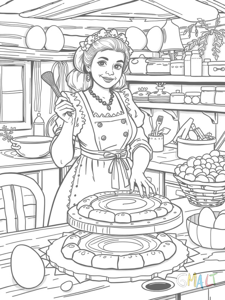 Mama Osterhäsin backt in ihrer gemütlichen Küche Ostergebäck. Sie trägt eine Schürze und formt mit einem Nudelholz den Teig auf einem großen Holztisch aus.