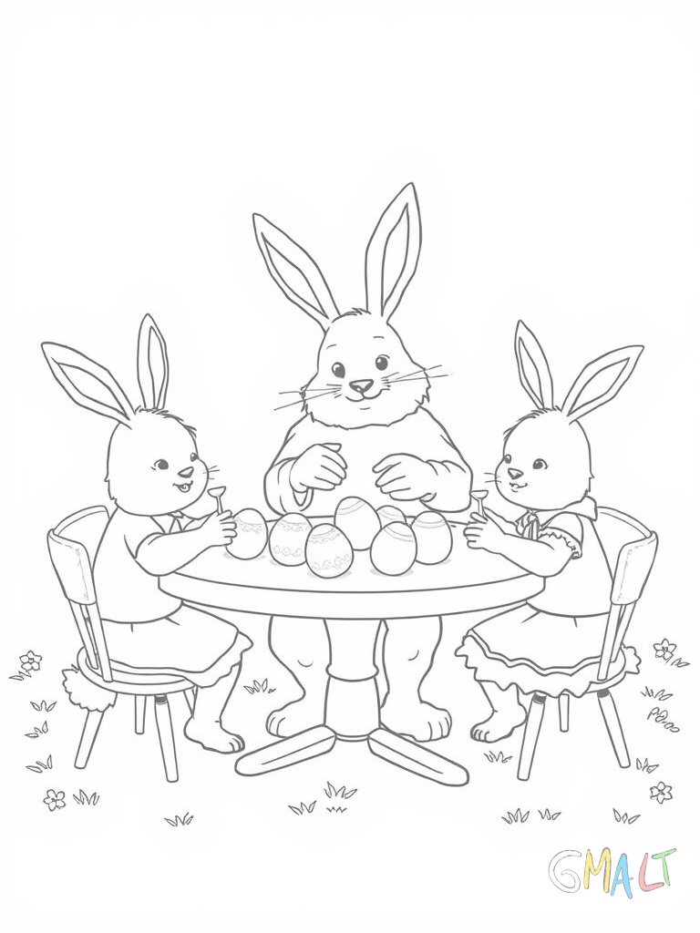Papa Osterhase zeigt seinen drei kleinen Hasenkindern wie man Ostereier bemalt. Sie sitzen alle um einen runden Tisch herum.