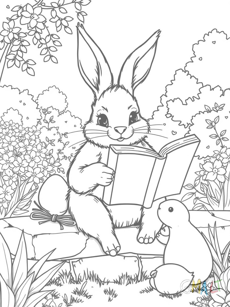 Ein Osterhase sitzt auf einer Gartenbank und liest in einem großen Bilderbuch. Neben ihm steht ein Körbchen mit Möhren als kleiner Snack.