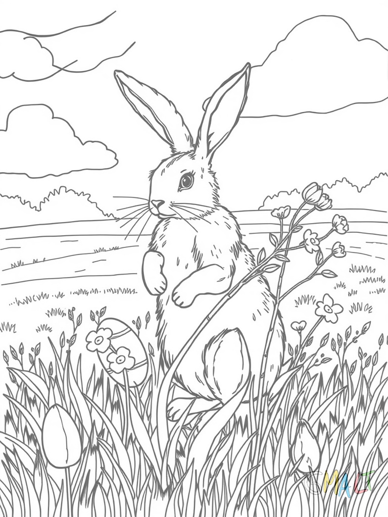 Ein verspielter Osterhase macht Purzelbäume auf einer Wiese. Seine Beine sind in der Luft und seine Ohren berühren fast den Boden.