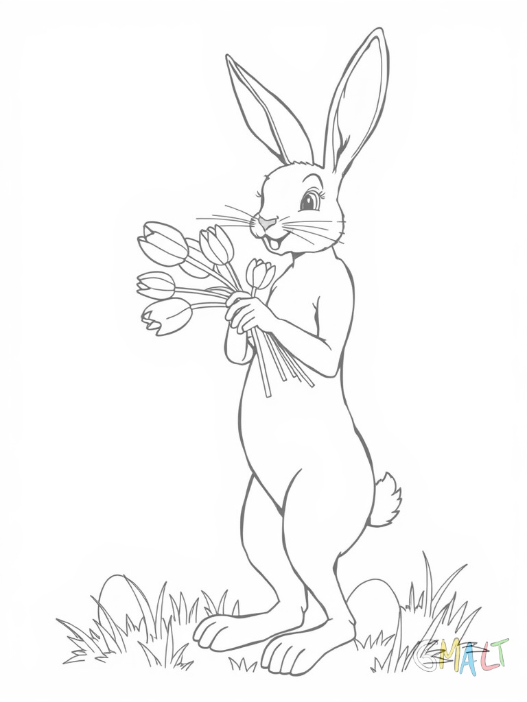 Ein junger Osterhase steht auf seinen Hinterbeinen und pflückt Blumen für einen Osterstrauß. Er hält bereits einige Tulpen und Osterglocken in seinen Pfoten.