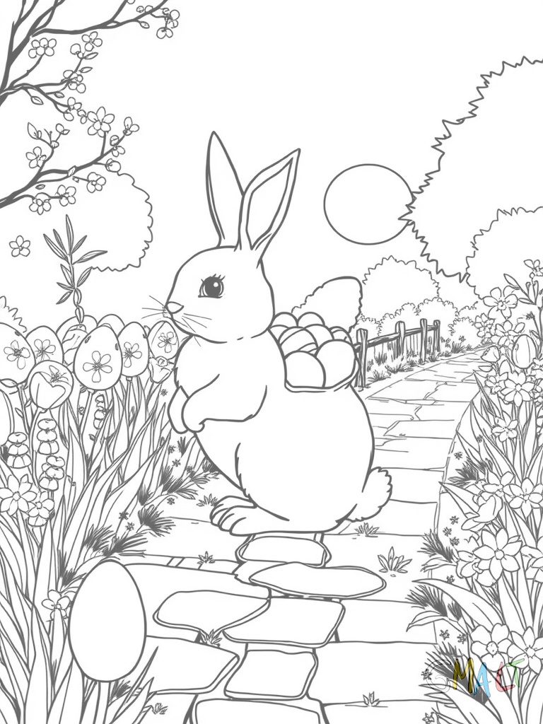 Ein Osterhase schiebt eine kleine Schubkarre voller Ostereier über einen gewundenen Gartenweg. Im Hintergrund geht gerade die Sonne auf.