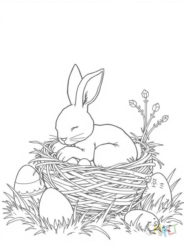 Ein schlafender Osterhase liegt zusammengerollt in seinem Nest aus weichem Stroh. Neben ihm stehen drei fertig bemalte Ostereier zum Trocknen.