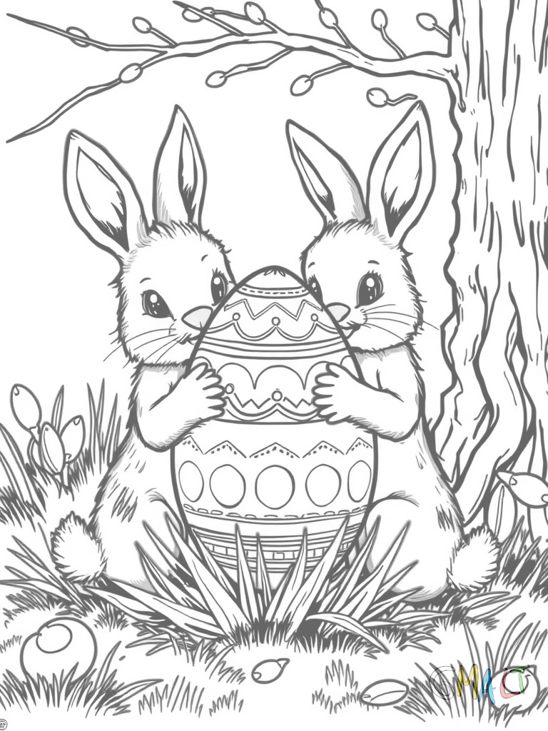 Zwei kleine Osterhasen verstecken gemeinsam ein großes Osterei hinter einem Busch. Einer hebt das Ei während der andere die Zweige beiseite schiebt.