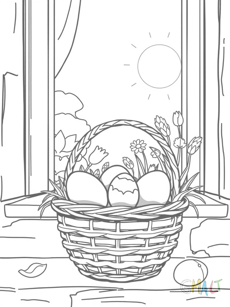 Ein Osterkorb steht auf einer Fensterbank neben einem Topf mit Osterglocken. Im Korb befinden sich bemalte Eier und ein kleines Osterlamm aus Biskuit. Durch das Fenster scheint die Frühlingssonne.