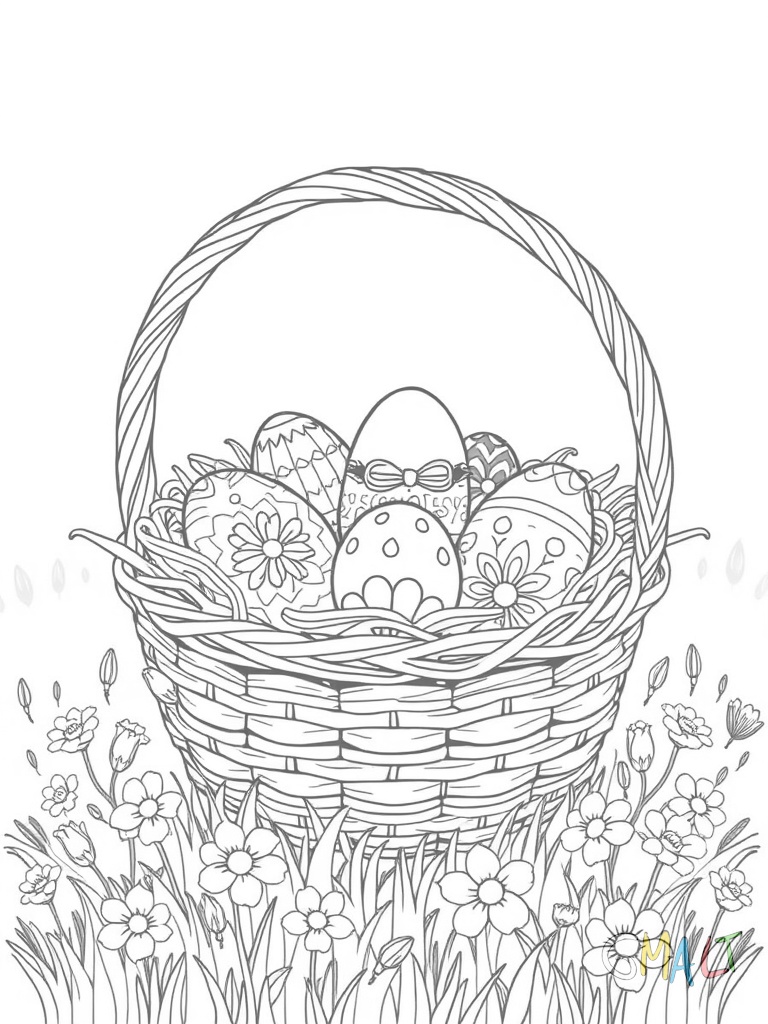 Ein traditioneller Osterkorb steht auf einer blühenden Frühlingswiese. Im Korb liegen neben bemalten Eiern auch eine Karotte mehrere Schokoladenhasen und ein Osternest aus Stroh. Kleine Gänseblümchen wachsen rund um den Korb.