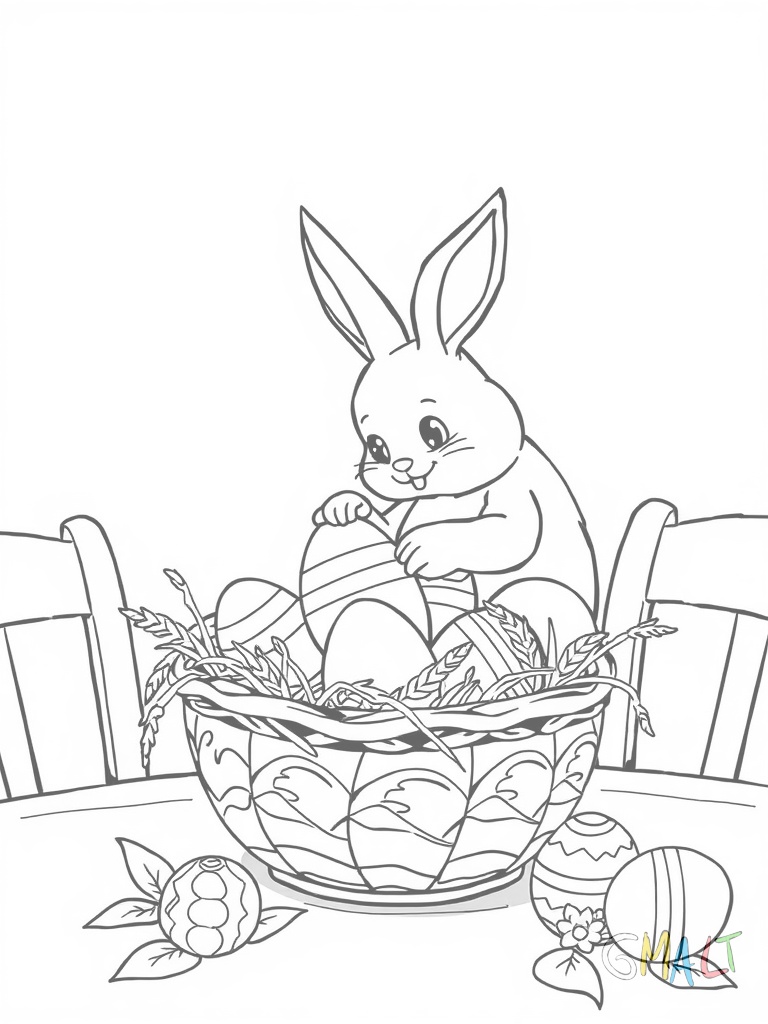Ein Osterkorb mit Henkel steht auf einem Tisch. Ein flauschiger Osterhase sitzt daneben und legt gerade ein weiteres bemaltes Ei in den Korb. Im Korb sind bereits mehrere verzierte Ostereier und ein paar Zweige mit Weidenkätzchen zu sehen.