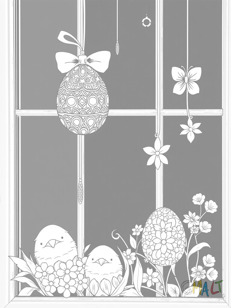 Eine österliche Fensterdekoration mit filigranen hängenden Ornamenten aus Ostereiern und Frühlingsblüten.