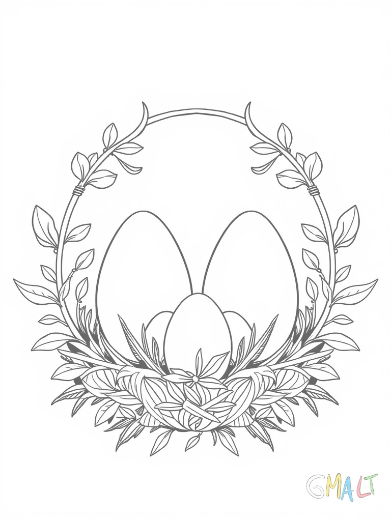 Eine symmetrische Osterdekoration mit zwei sich gegenübersitzenden stilisierten Osterhasen zwischen denen sich verschnörkelte Ornamente befinden.