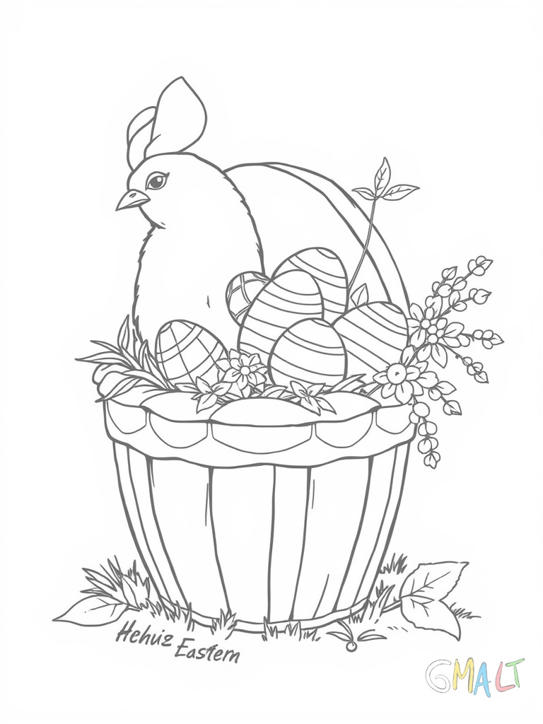 Ein geflochtener Osterkorb mit hohem Henkel gefüllt mit verzierten Ostereiern und Ostergras von der Seite dargestellt.