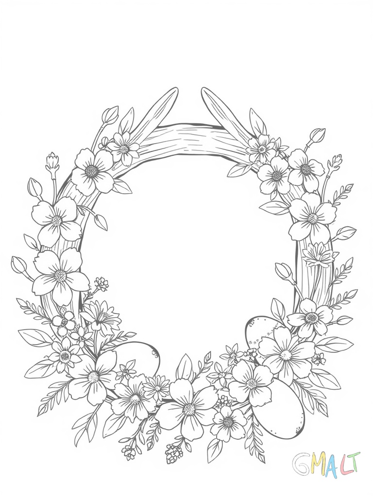 Ein eleganter Osterkranz aus geflochtenen Zweigen geschmückt mit Frühlingsblumen Schleifen und kleinen bunten Ostereiern die gleichmäßig verteilt sind.