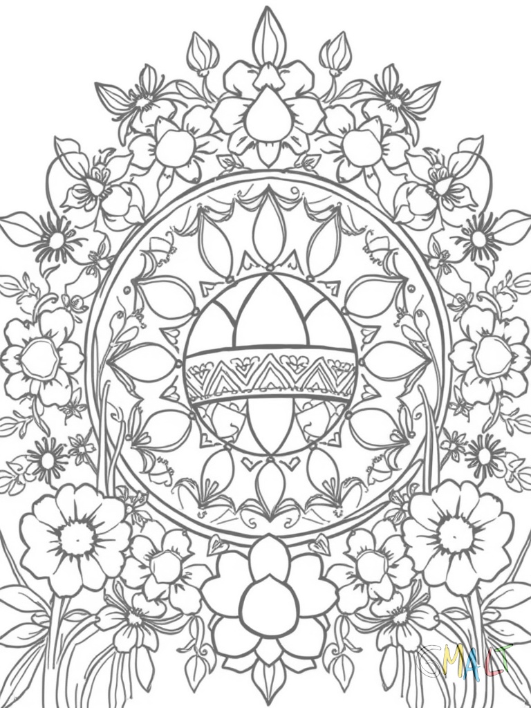 Ein kunstvolles Ostermandala mit sich wiederholenden Mustern aus Osterhasen Eiern Blumen und Frühlingsmotiven.