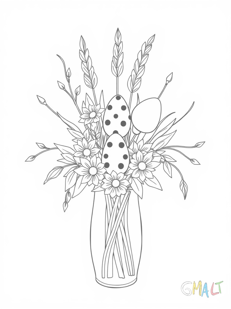 Ein kunstvoll gestalteter Osterstrauß in einer schmalen Vase mit Weidenkätzchen Osterglocken und hängenden Ostereiern.