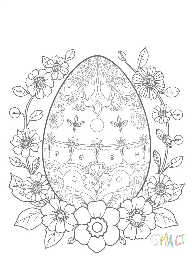 Ein detailliert verziertes Osterei im Zentrum mit traditionellen Ornamenten und Mustern wie Spiralen Blumen und Wellen. Das große Ei schwebt auf weißem Hintergrund.