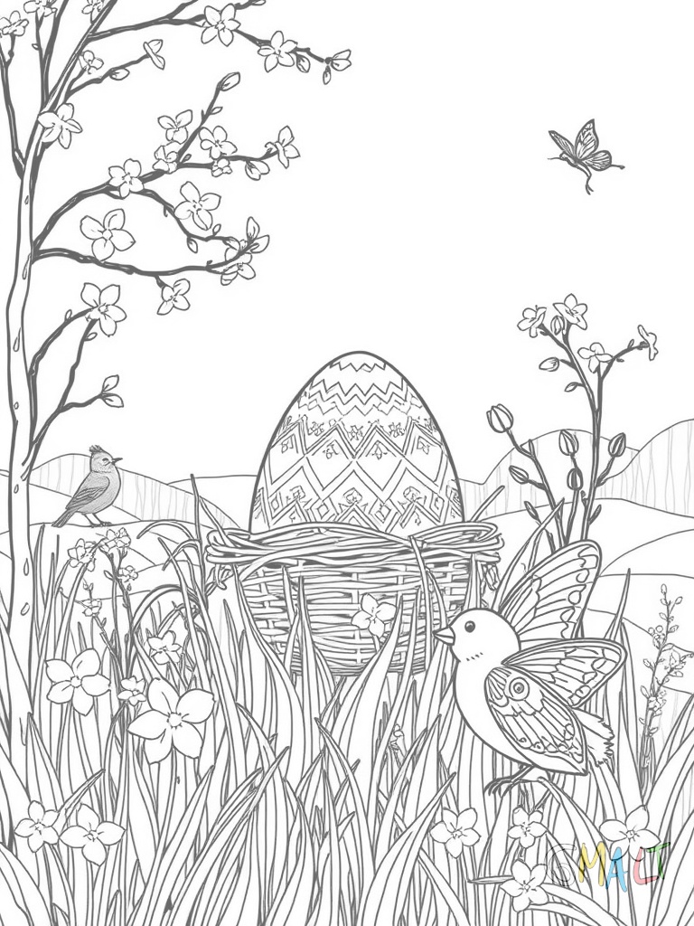 Ein Osternest steht zwischen Frühlingsblumen auf einer Wiese. Gänseblümchen und Löwenzahn wachsen rundherum. Ein Schmetterling sitzt auf dem Nestrand.