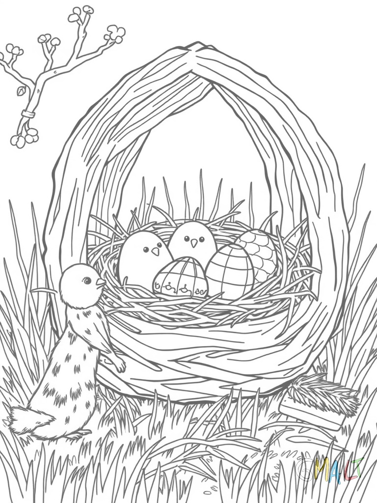 Ein geflochtenes Osternest aus Stroh steht mittig auf einer Wiese. Im Nest liegen fünf bunte Ostereier in verschiedenen Größen. Ein kleiner Stoffhase sitzt am Rand des Nests und schaut die Eier an.