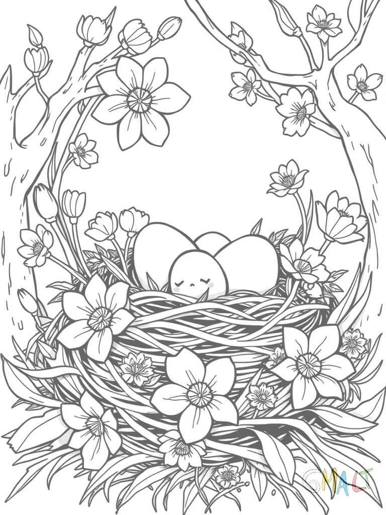 Ein kleines Osternest ruht in einem Körbchen. Bunte Papierblumen schmücken den Korbrand. Im Nest liegen neben Ostereiern auch Osterglocken und Tulpen.