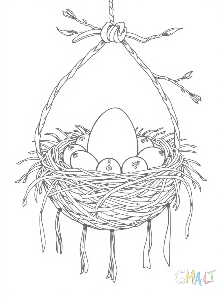 Ein Osternest thront auf einem Strohballen. Im Nest liegt ein großes goldenes Ei umgeben von kleinen bunten Eiern. Stoffbänder hängen vom Nestrand herunter.