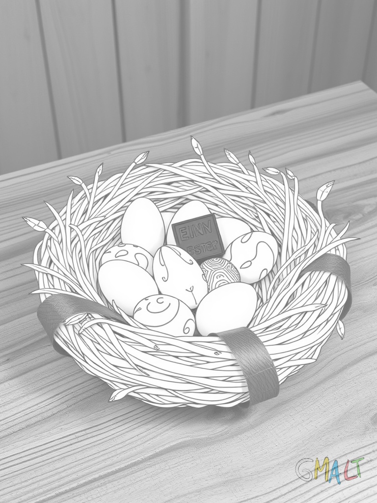 Ein großes rundes Osternest steht auf einem Holztisch. Neben bunten Ostereiern liegen auch Schokoladeneier und ein Schokohase im Nest. Eine rote Schleife ist um das Nest gebunden.