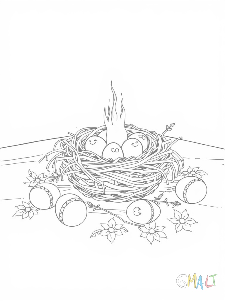 Ein Osternest steht auf einer karierten Tischdecke. Drumherum verteilt liegen Ostereier und Streudeko in Form von Häschen. Eine Osterkerze brennt neben dem Nest.