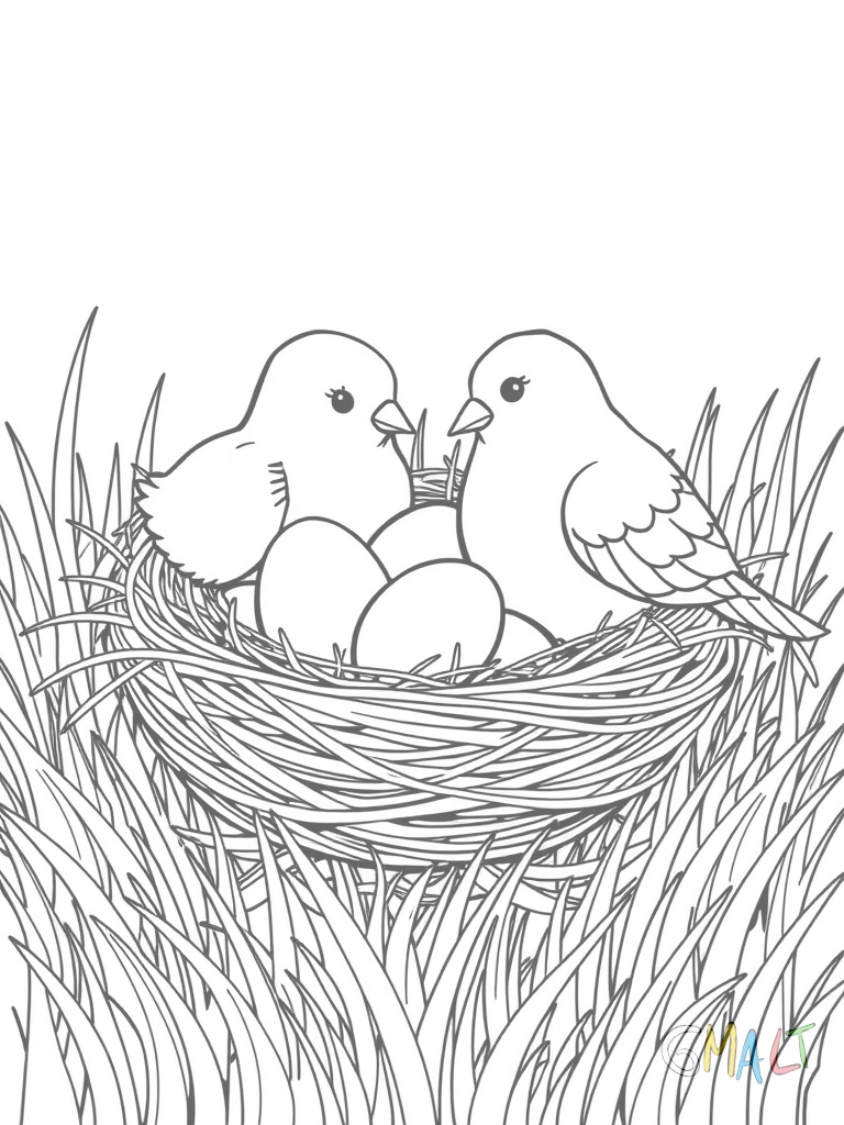 Zwei Osternester stehen nebeneinander auf grünem Gras. Das linke Nest enthält gelbe und rote Eier das rechte blaue und grüne. Kleine Schleifen zieren die Nestränder.